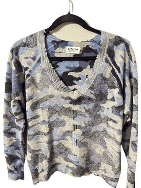 27 Miles Cashmere Blue Camo V-Neck Sweater